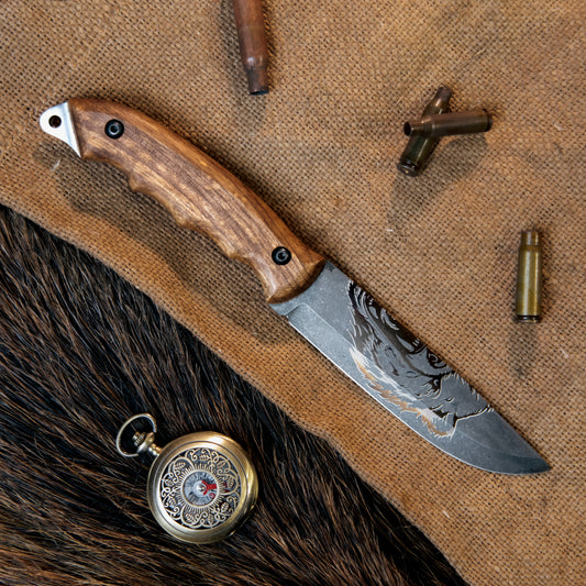 Bear Engraved Utility Knife with Walnut Wood Handle