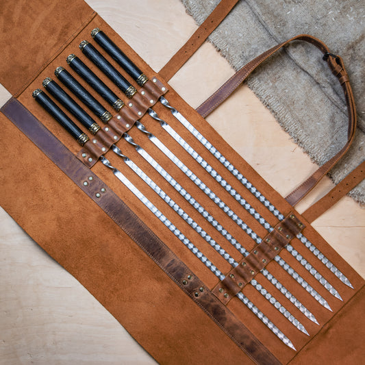 Outdoor BBQ Skewer Set with Leather Roll & Oak Handles