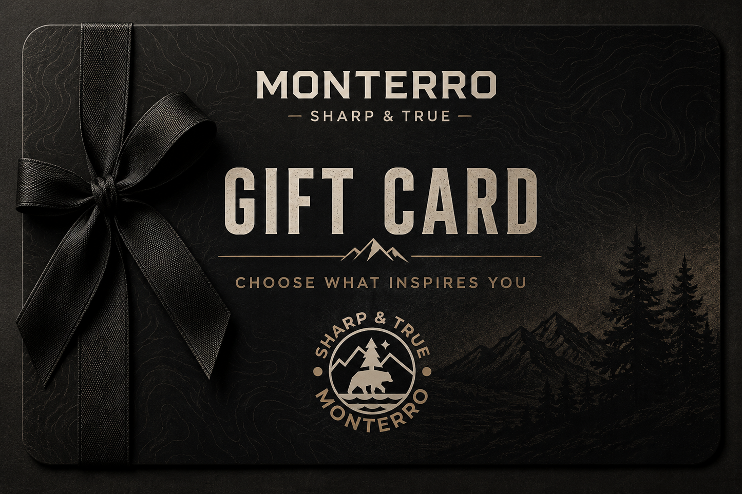 Black gift card with Monterro branding and a black bow on a dark background