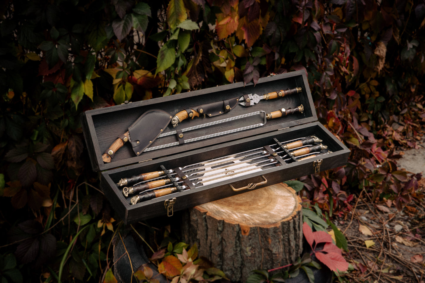 Handcrafted BBQ Skewer Set in Wooden Storage Case Bright
