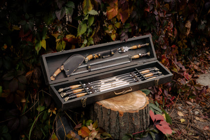 Handcrafted BBQ Skewer Set in Wooden Storage Case Bright