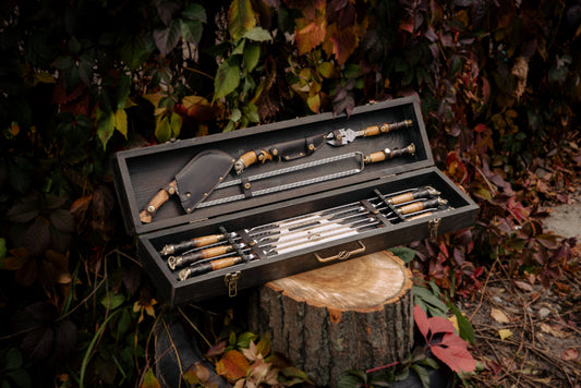 Handcrafted BBQ Skewer Set in Wooden Storage Case Bright