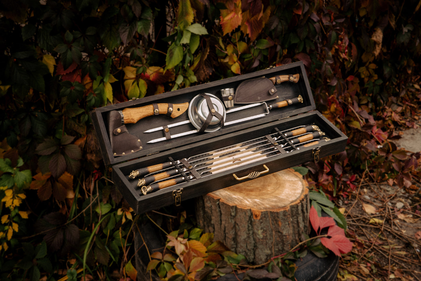 Handcrafted BBQ Skewer & Grill Set in Wooden Box