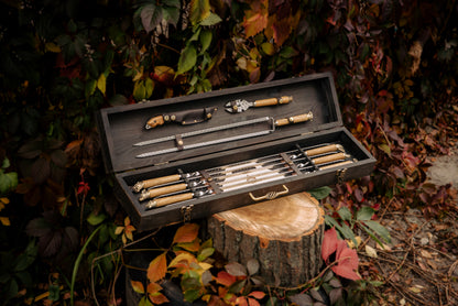 Handcrafted BBQ Skewer & Grill Tool Set in Wooden Storage Case