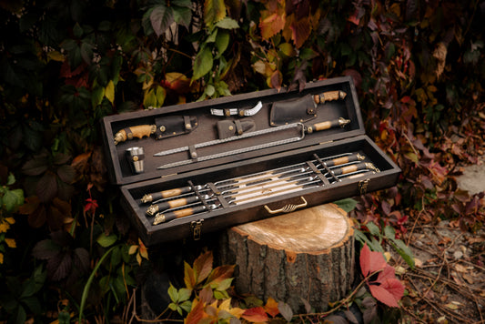 BBQ Skewer Set with Grill Chopper & 3-in-1 Grill Tool in Wooden Case