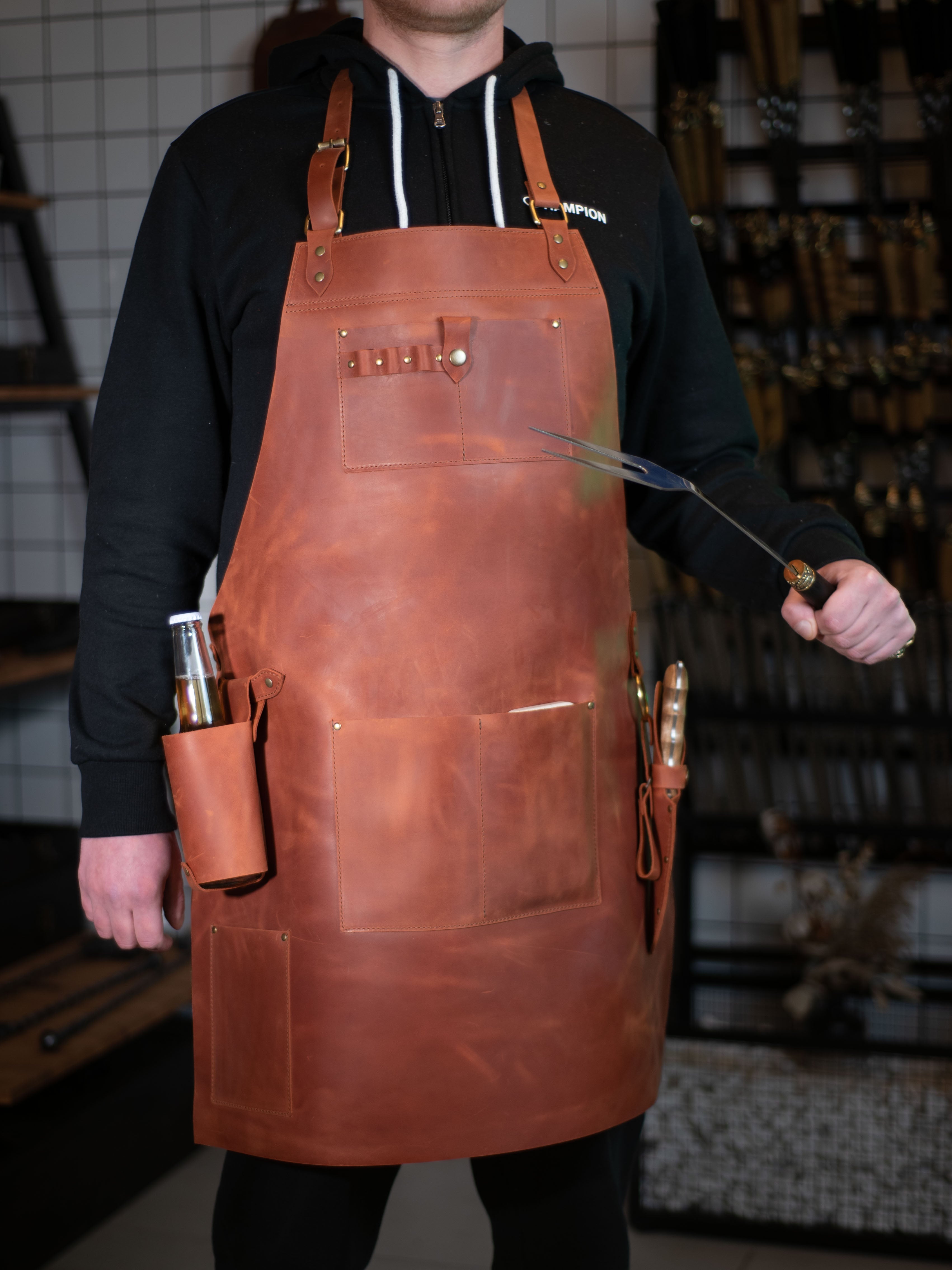 Crazy Horse Leather BBQ Apron with 5 Pockets & Bottle Holder