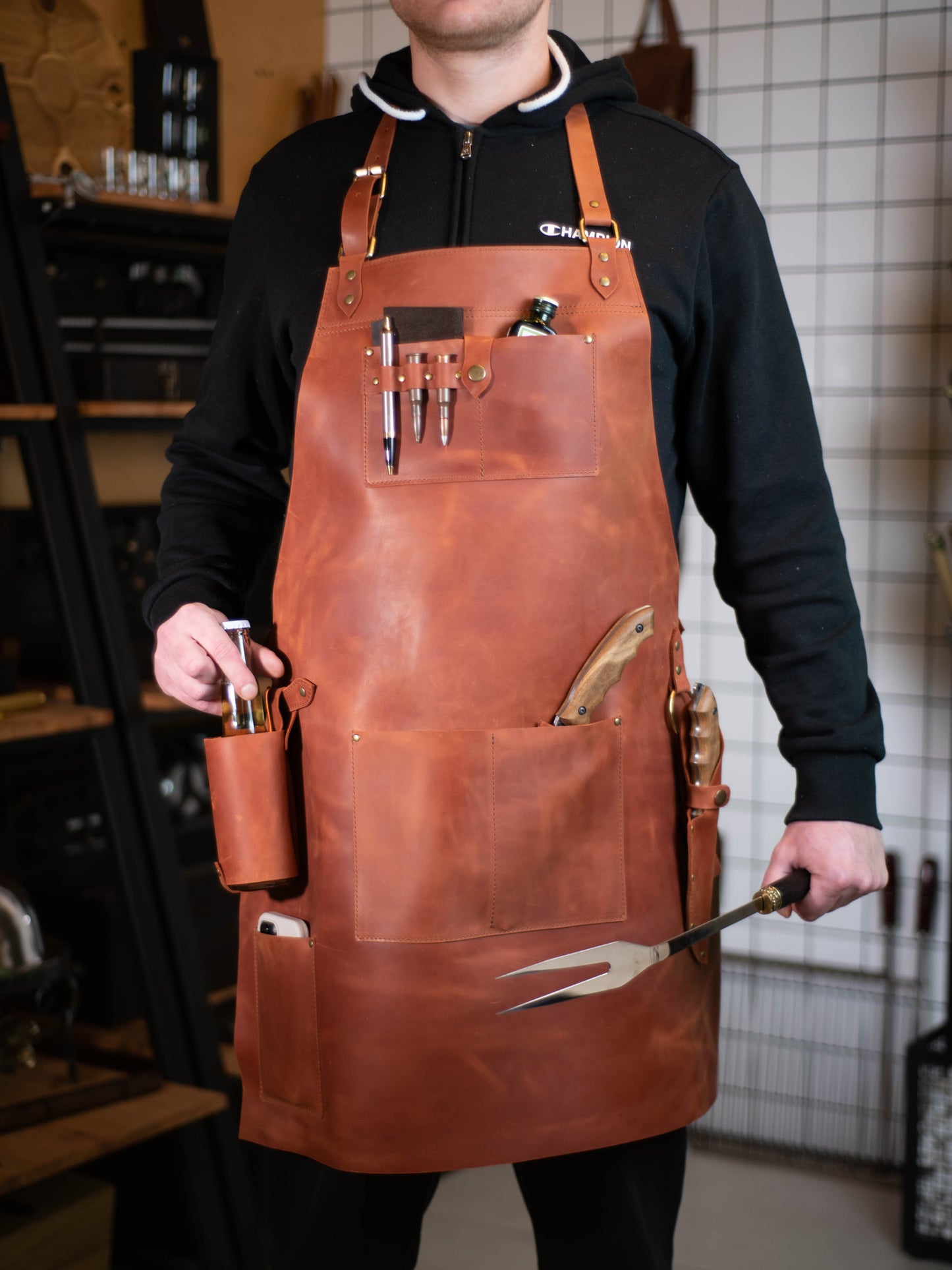 Crazy Horse Leather BBQ Apron with Utility Pockets