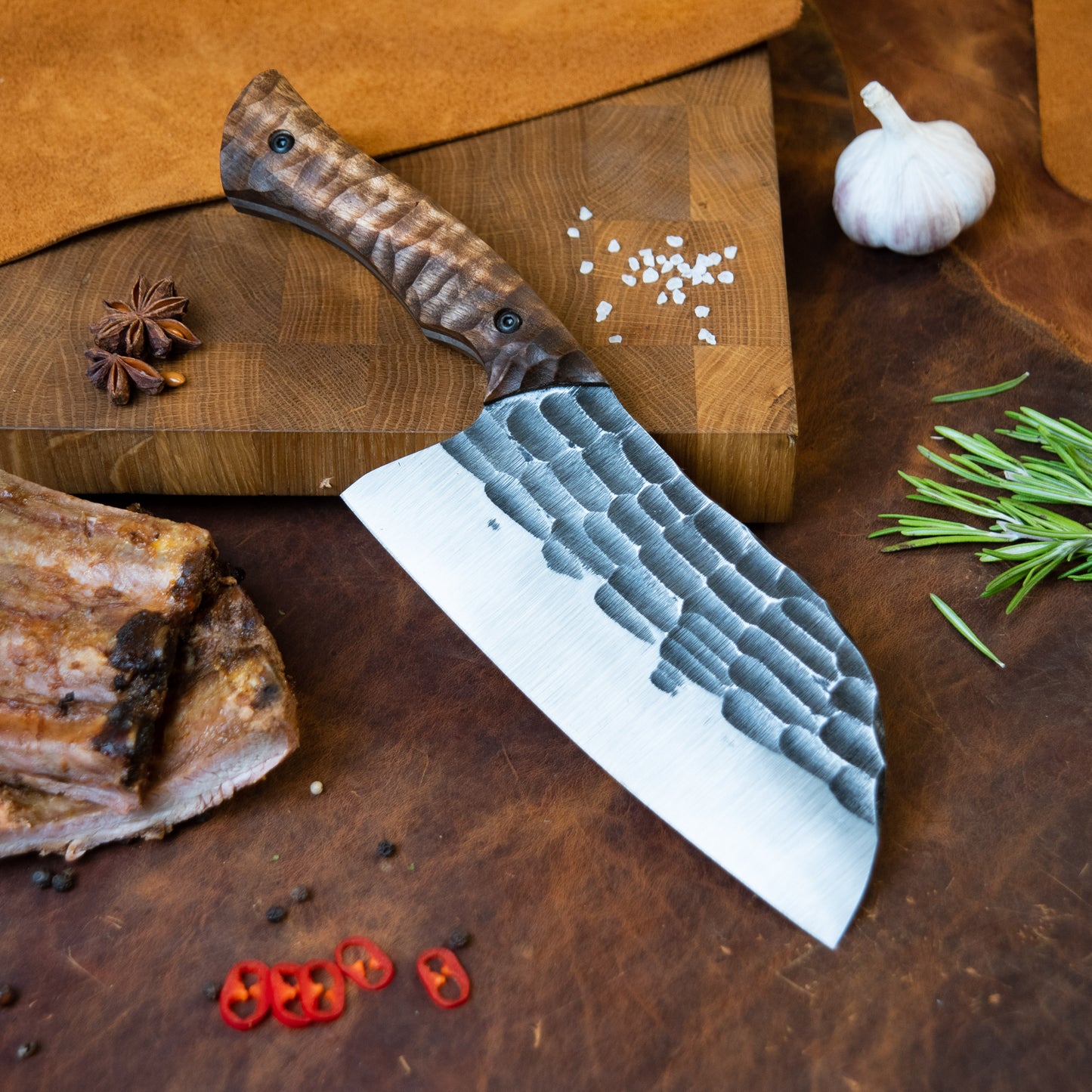 "Serbian with stone texture 2" Handmade Cleaver Knife