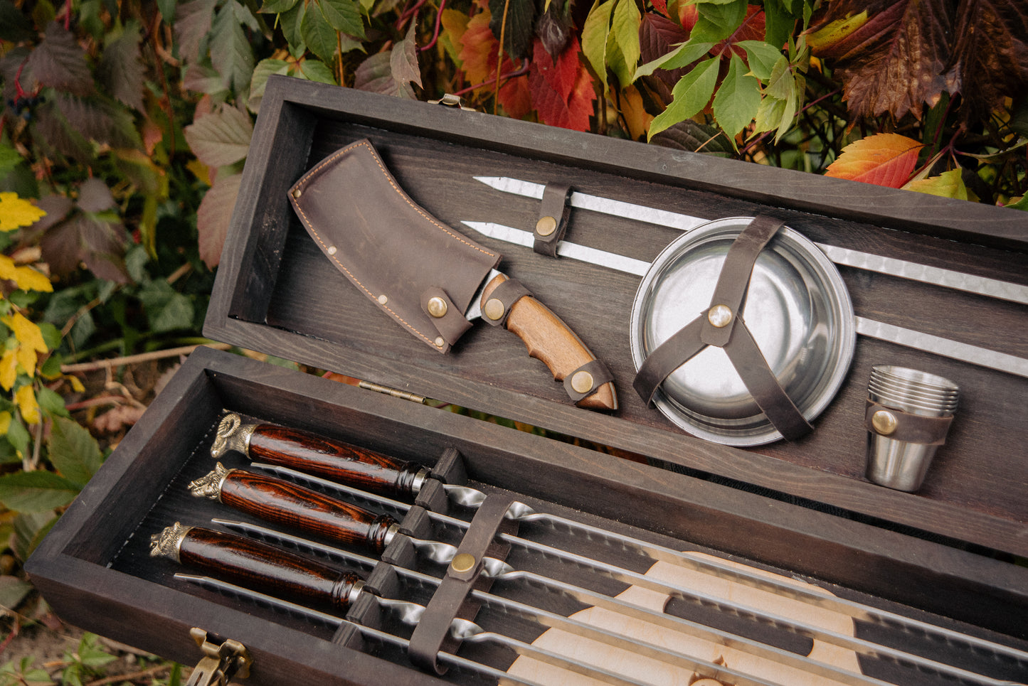 “Halt” Handcrafted BBQ Skewer Set in Wooden Case