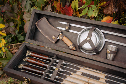 “Halt” Handcrafted BBQ Skewer Set in Wooden Case