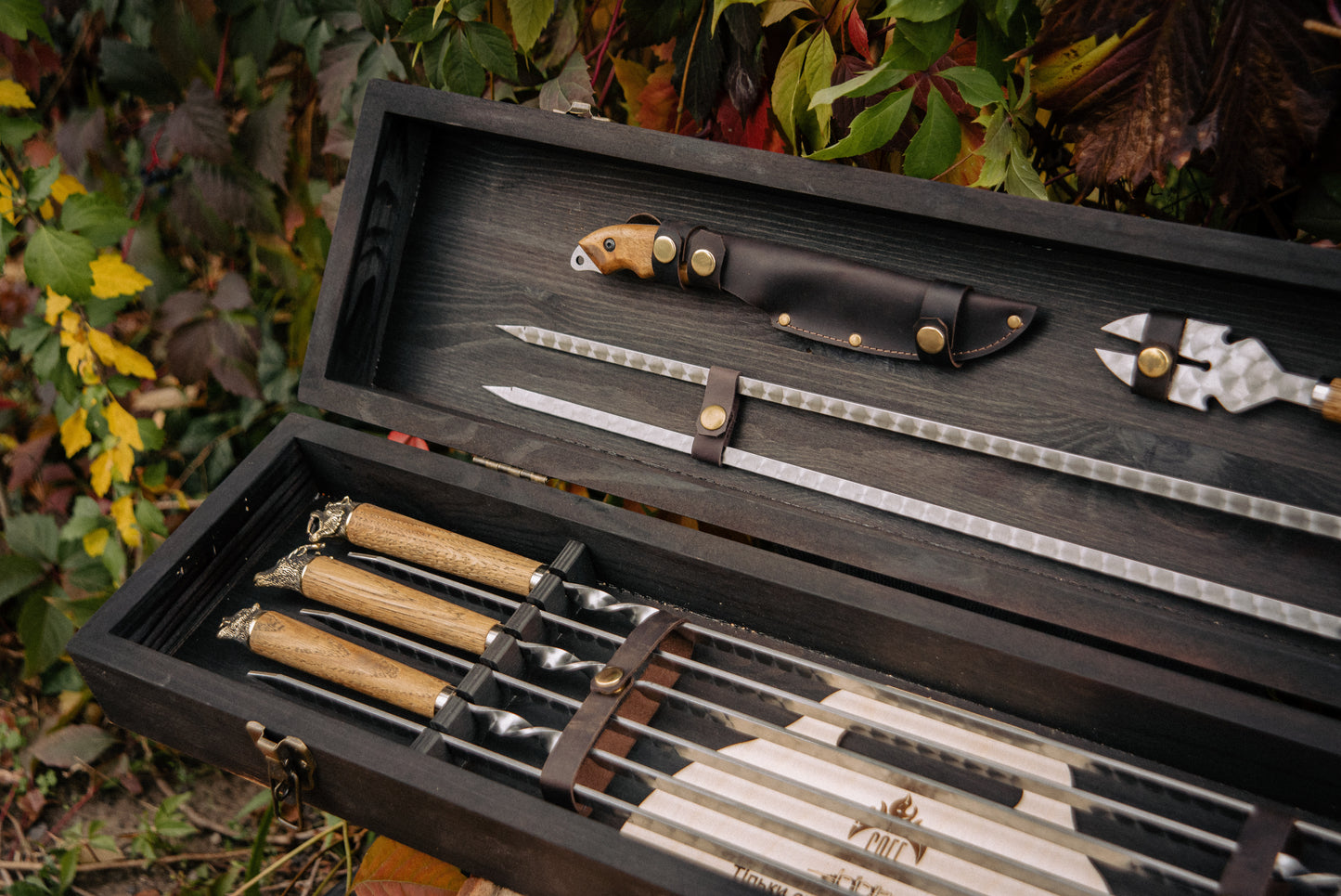 Handcrafted BBQ Skewer & Grill Tool Set in Wooden Storage Case