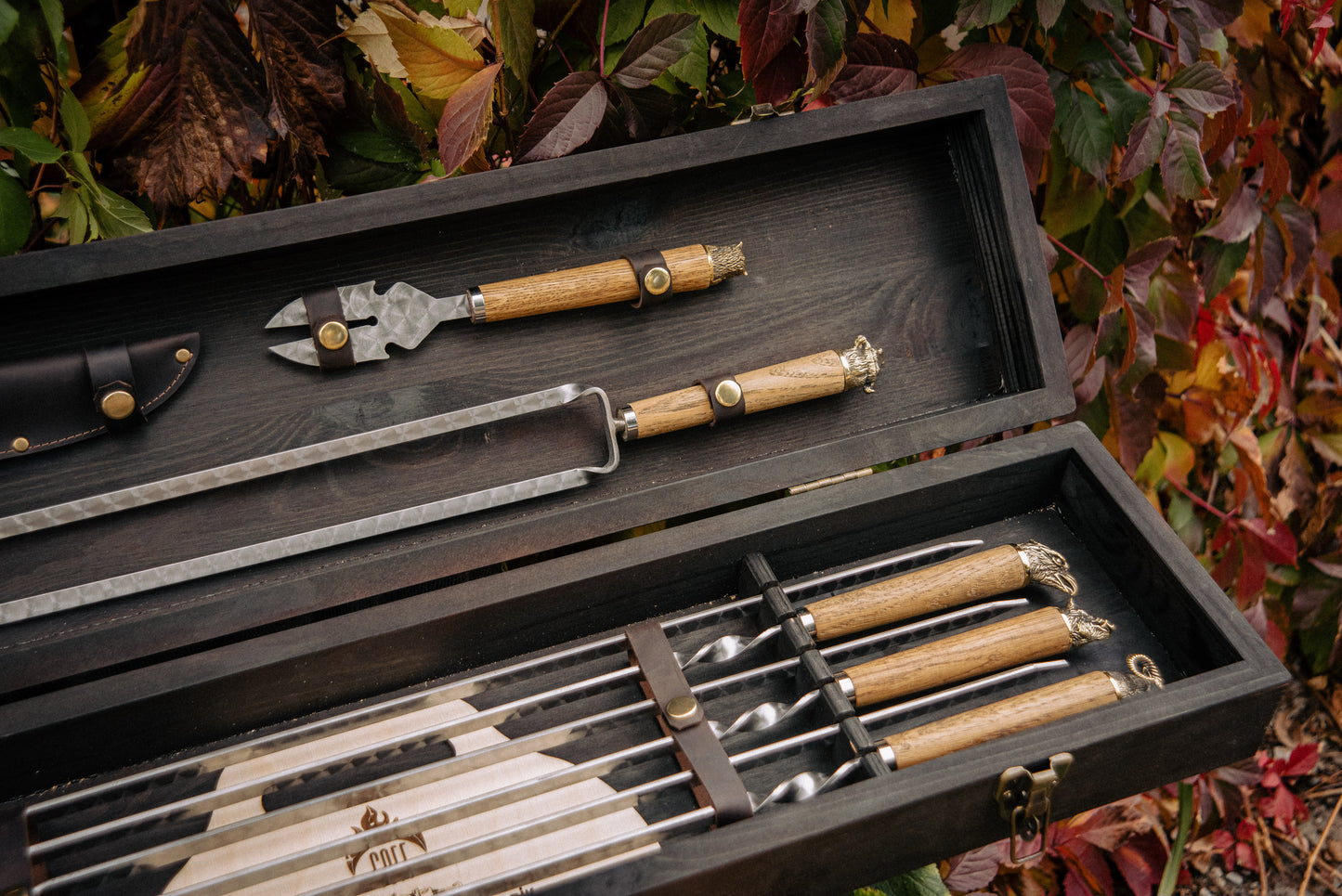 Handcrafted BBQ Skewer & Grill Tool Set in Wooden Storage Case