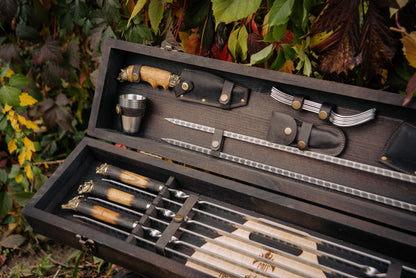 BBQ Skewer Set with Grill Chopper & 3-in-1 Grill Tool in Wooden Case