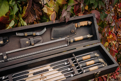BBQ Skewer Set with Grill Chopper & 3-in-1 Grill Tool in Wooden Case