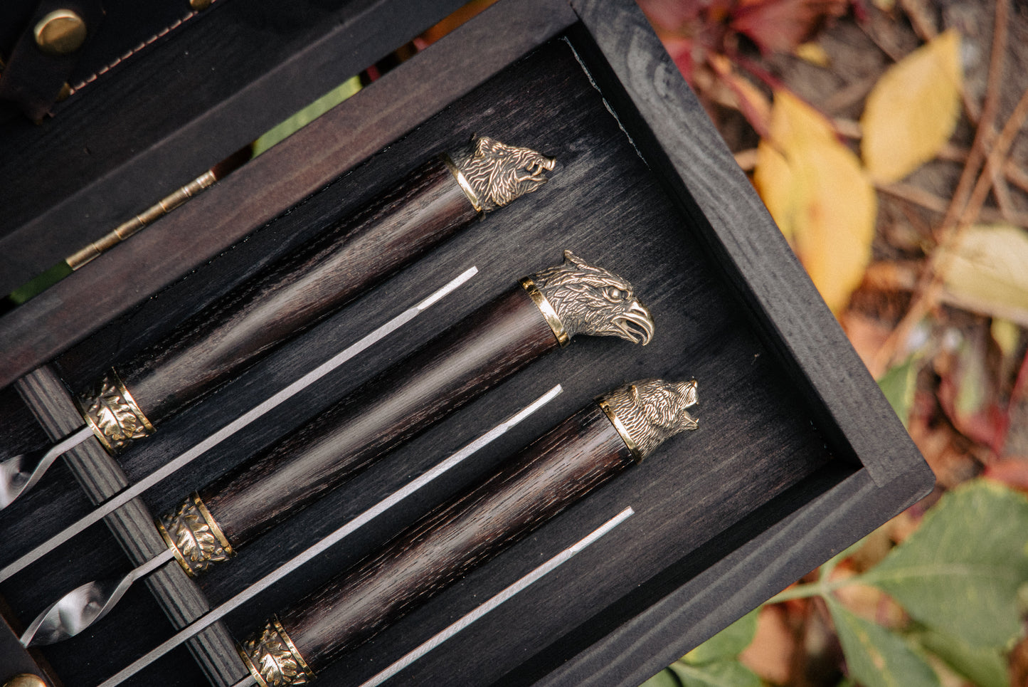 Handcrafted BBQ Skewer Set in Wooden Storage Case Triumph