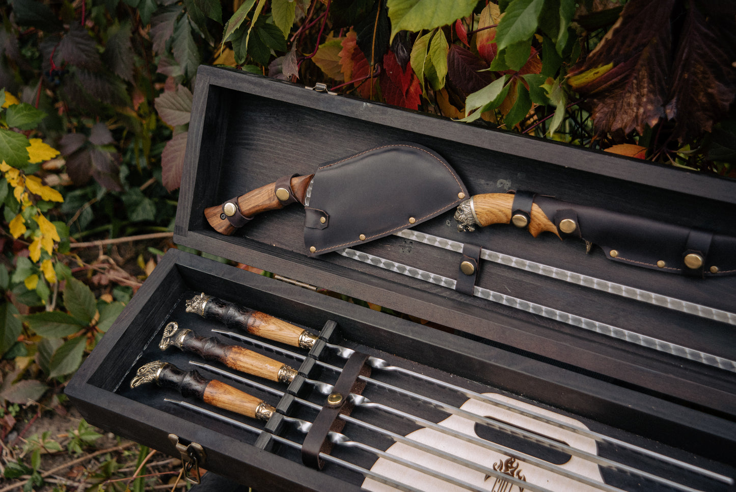Handcrafted BBQ Skewer Set in Wooden Storage Case Bright