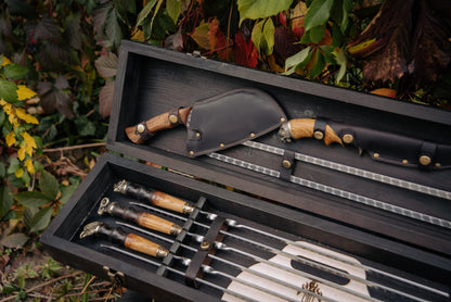 Handcrafted BBQ Skewer Set in Wooden Storage Case Bright
