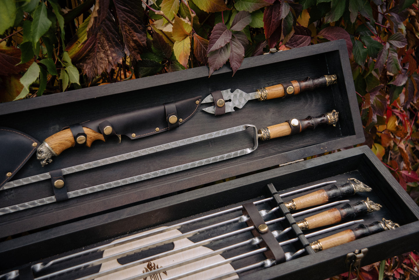 Handcrafted BBQ Skewer Set in Wooden Storage Case Bright