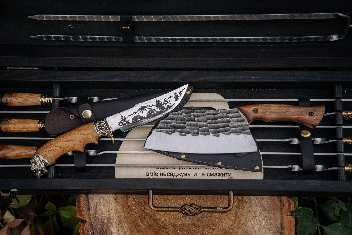 Handcrafted BBQ Skewer Set in Wooden Storage Case Bright