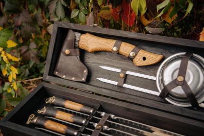 Handcrafted BBQ Skewer & Grill Set in Wooden Box