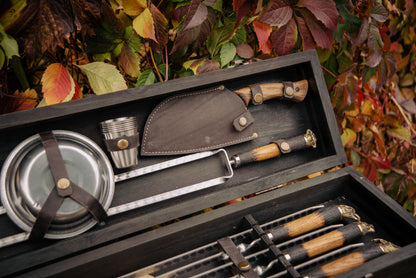 Handcrafted BBQ Skewer & Grill Set in Wooden Box