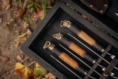 Handcrafted BBQ Skewer & Grill Set in Wooden Box