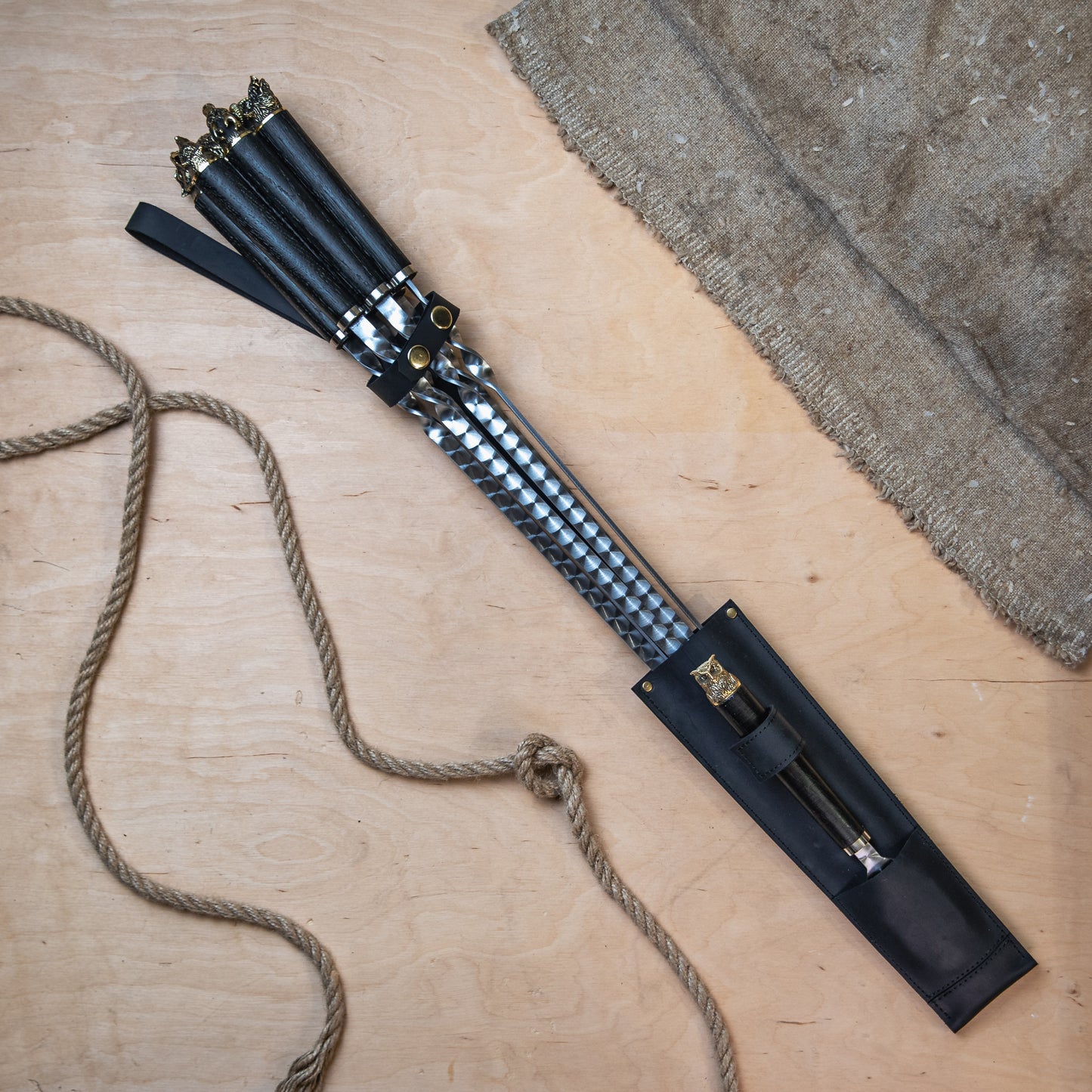 Handcrafted Stainless Steel BBQ Skewer Set with Leather Quiver
