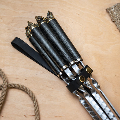Handcrafted Stainless Steel BBQ Skewer Set with Leather Quiver