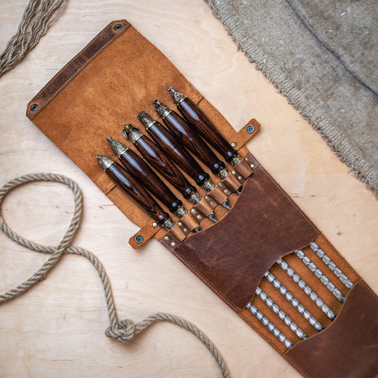BBQ Skewer Set with Oak Handles & Bronze Accents