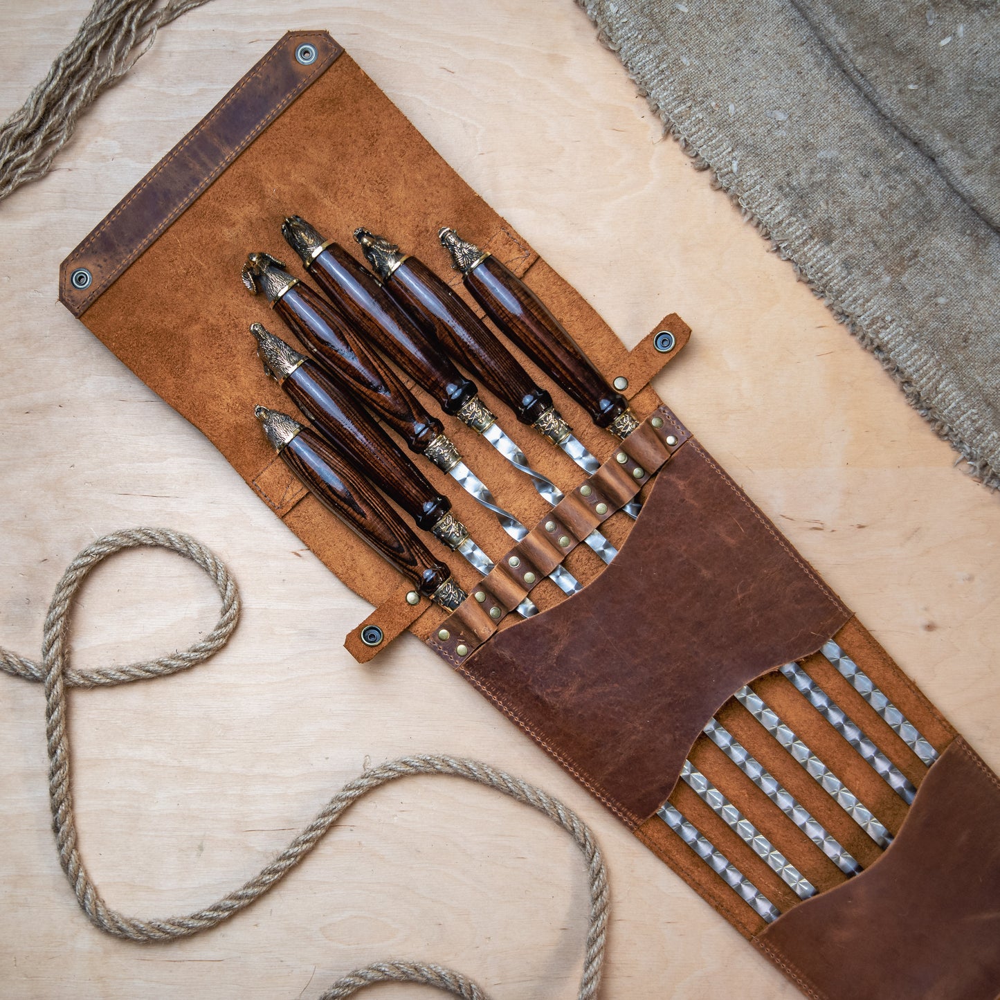 BBQ Skewer Set with Oak Handles & Bronze Accents