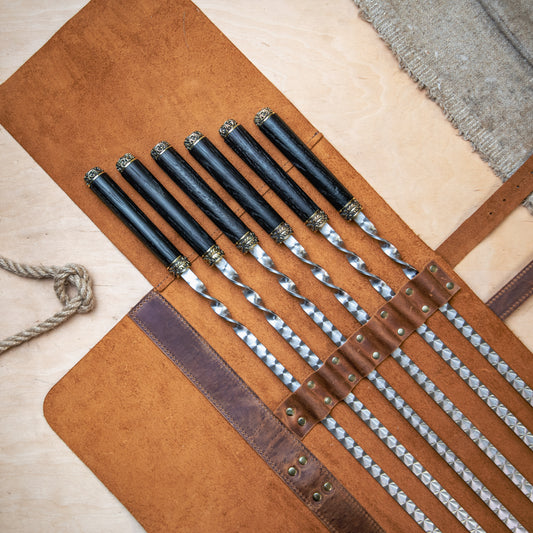 Outdoor BBQ Skewer Set with Leather Roll & Oak Handles