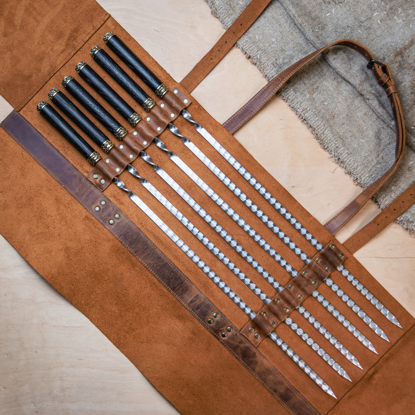 BBQ Skewer Set with Grill Tool & BBQ Splitter in Leather Case