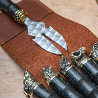 BBQ Skewer Set with Leather Case, Double Skewer & Meat Fork