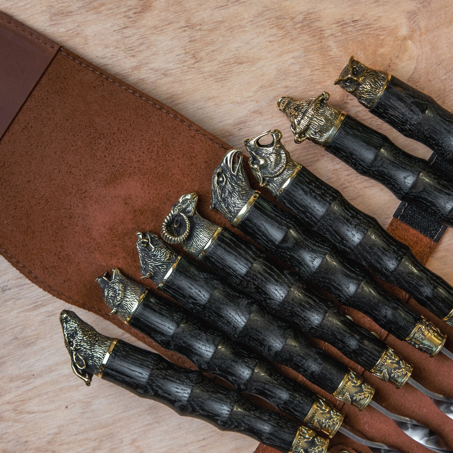 BBQ Skewer Set with Leather Case, Double Skewer & Meat Fork