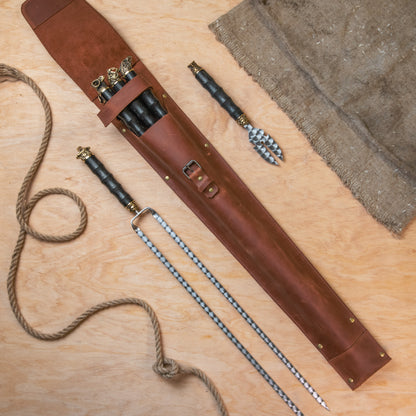 BBQ Skewer Set with Leather Case, Double Skewer & Meat Fork