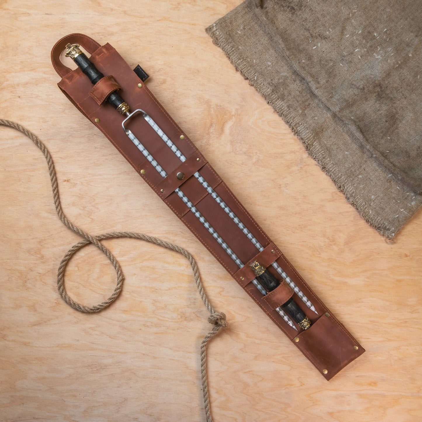 BBQ Skewer Set with Leather Case, Double Skewer & Meat Fork