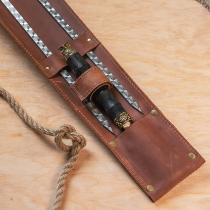BBQ Skewer Set with Leather Case, Double Skewer & Meat Fork