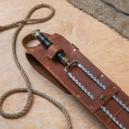 BBQ Skewer Set with Leather Case, Double Skewer & Meat Fork