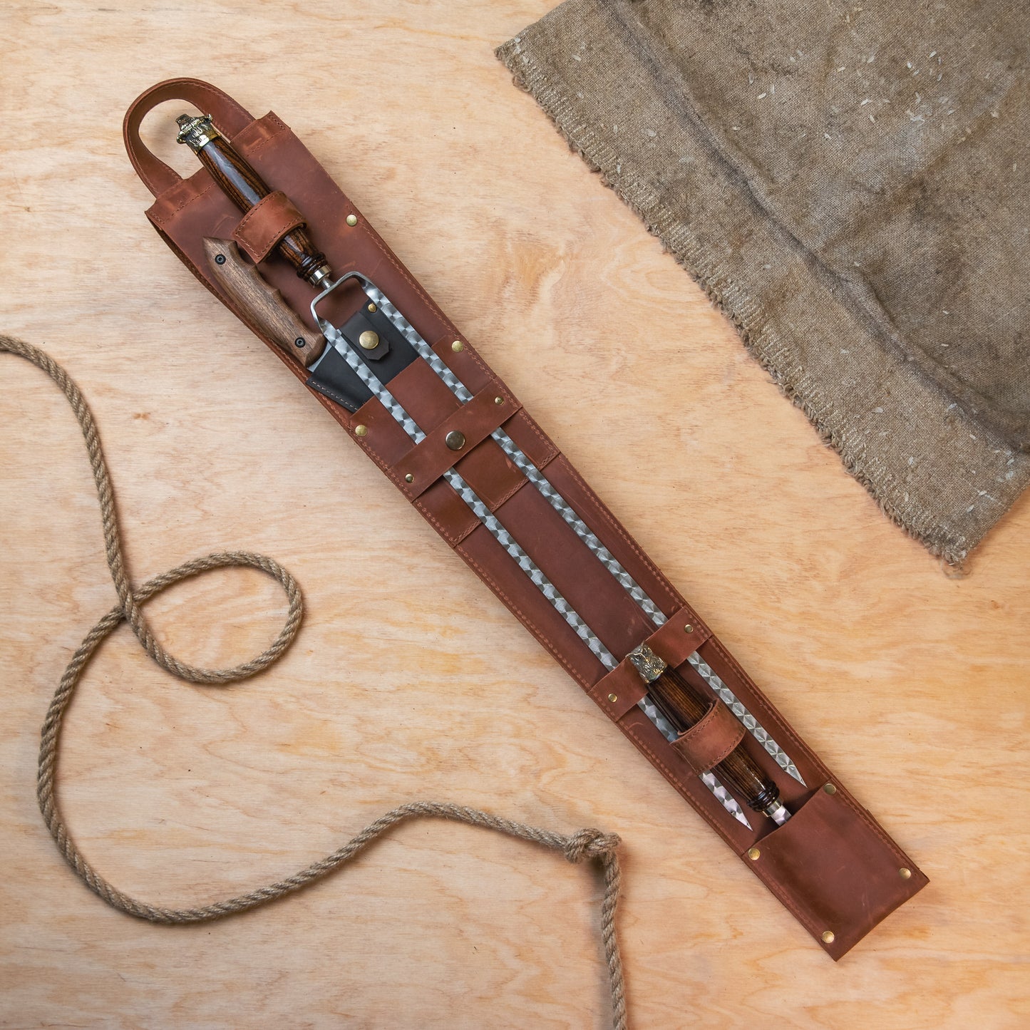 Premium BBQ Skewer Set with Leather Case & Grill Chopper