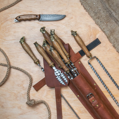 BBQ Skewer Set with Oak Handles & Leather Case