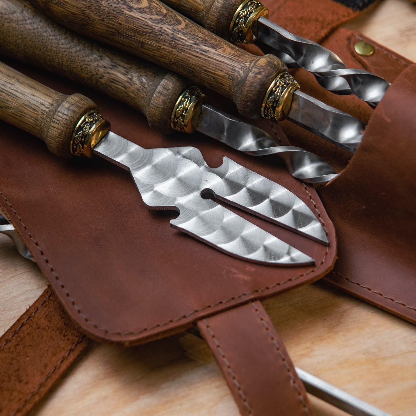 BBQ Skewer Set with Oak Handles & Leather Case