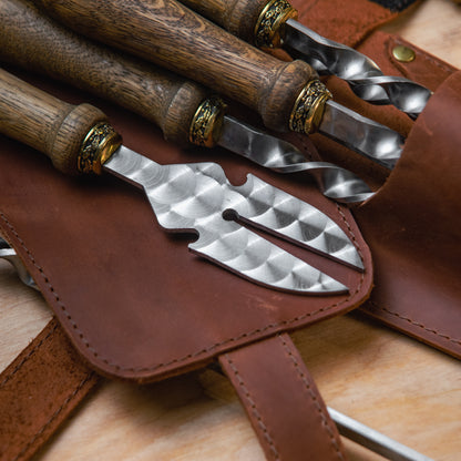 BBQ Skewer Set with Oak Handles & Leather Case