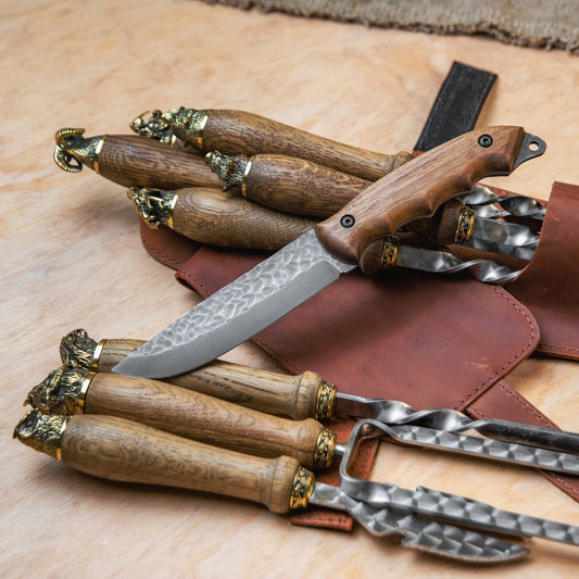 BBQ Skewer Set with Oak Handles & Leather Case