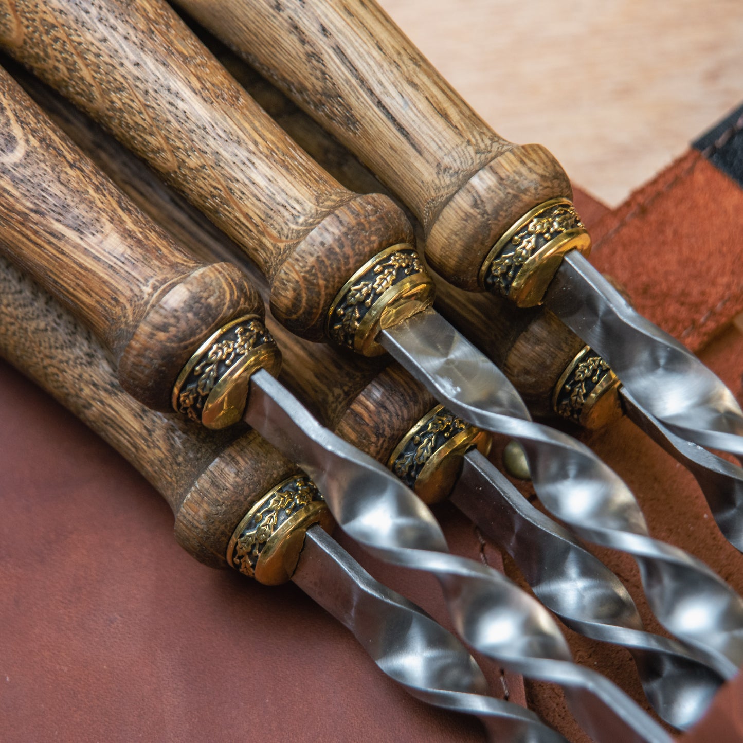 BBQ Skewer Set with Oak Handles & Leather Case