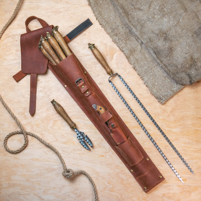 BBQ Skewer Set with Oak Handles & Leather Case