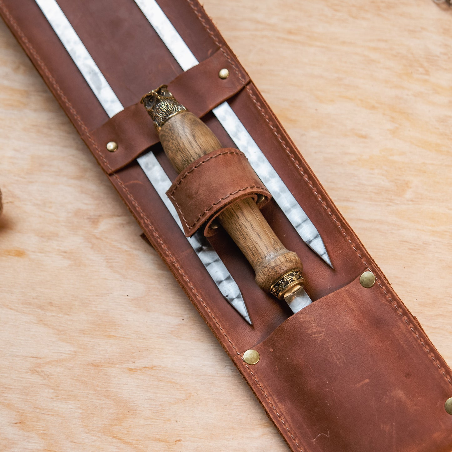 BBQ Skewer Set with Oak Handles & Leather Case