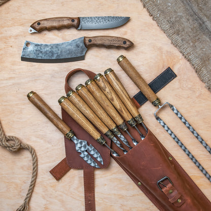 BBQ Skewer Set with Grill Cutter & Grill Chopper in Leather Case