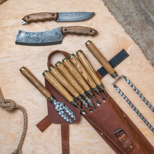 BBQ Skewer Set with Grill Cutter & Grill Chopper in Leather Case