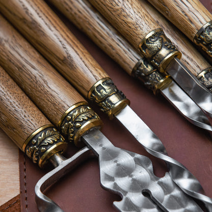 BBQ Skewer Set with Grill Cutter & Grill Chopper in Leather Case