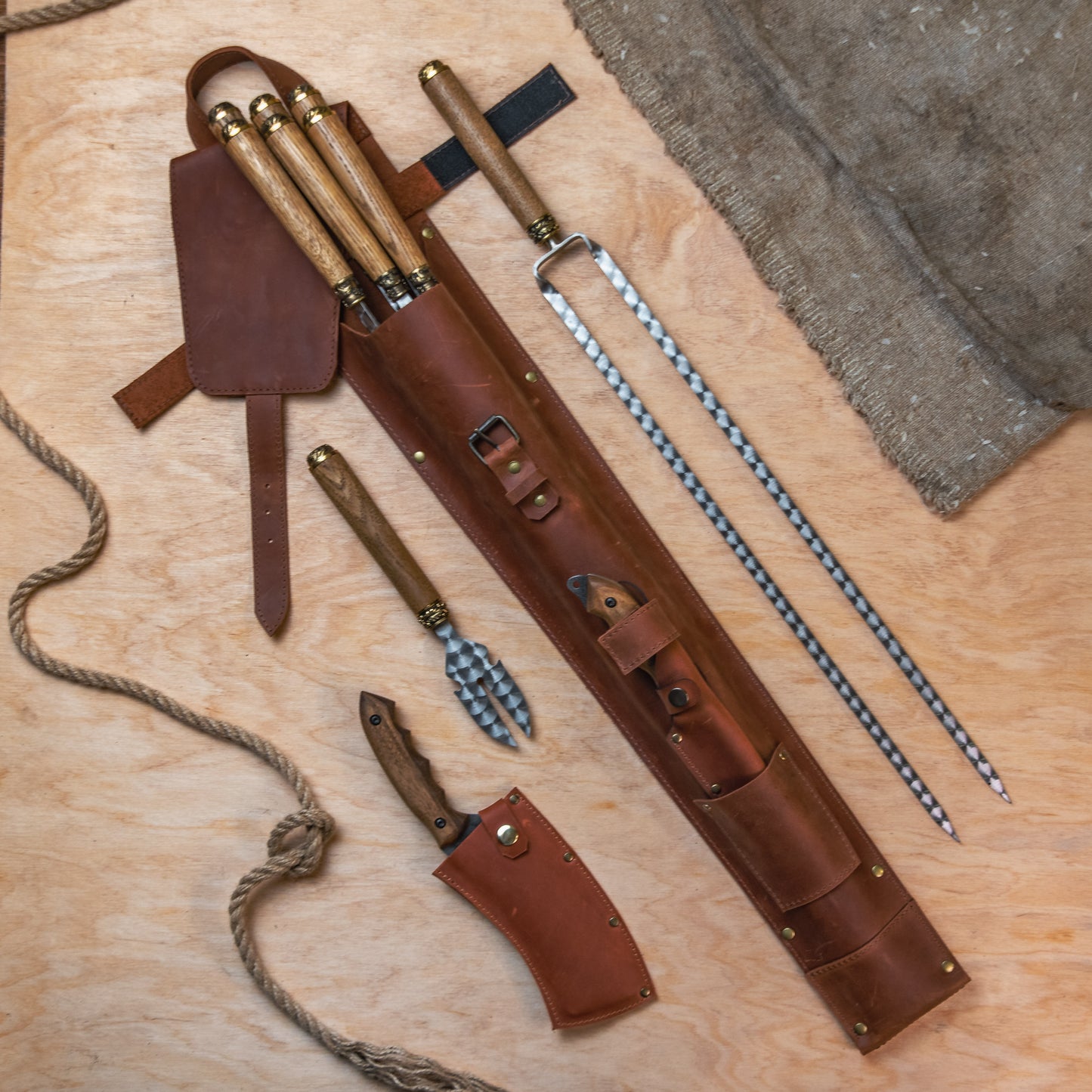 BBQ Skewer Set with Grill Cutter & Grill Chopper in Leather Case
